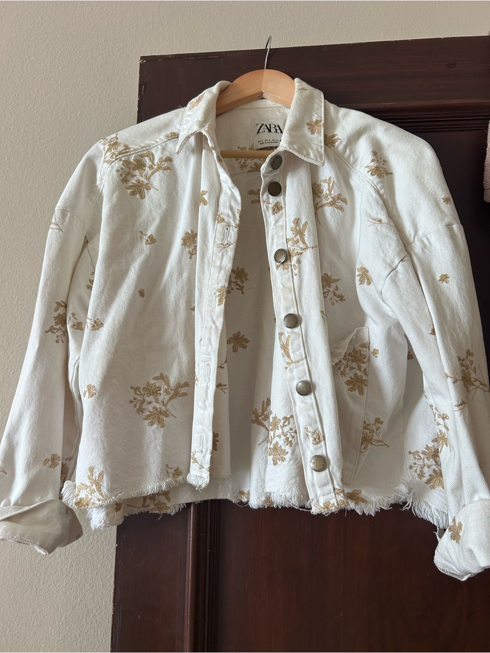 ZARA White Denim Jacket with Gold Floral Embroidery
